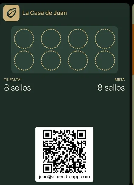 Almendro stamp card open in an iPhone wallet with 8 empty stamps and a QR code